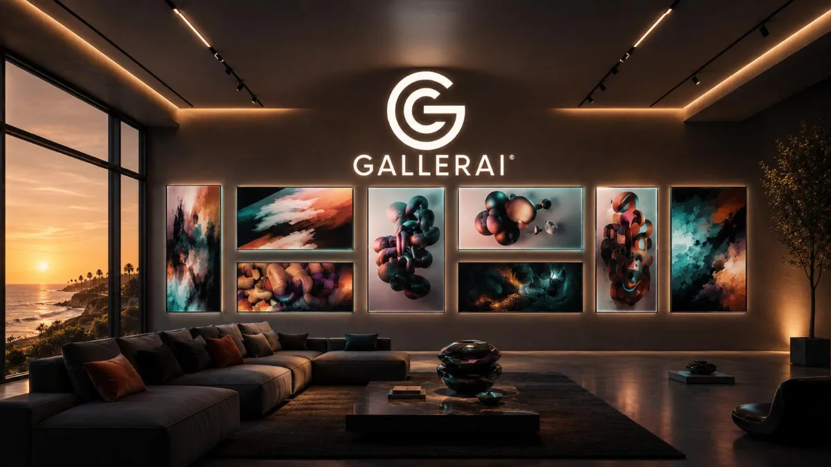 The GallerAI splash screen: a lit wall of generated pieces under the brand mark
