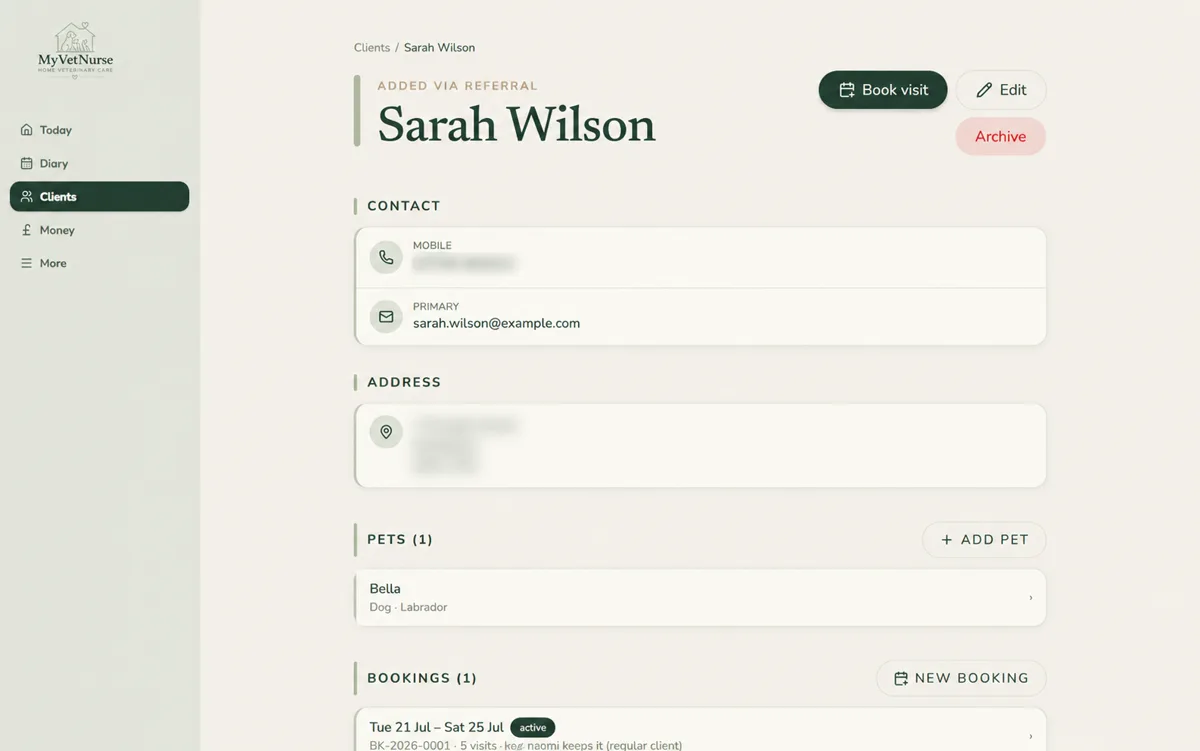 Clients screen of the MyVetNurse Care Platform