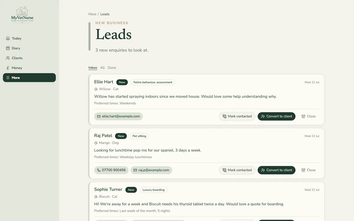 Leads CRM screen of the MyVetNurse Care Platform